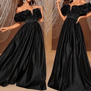 Luxe off shoulder ruffle trim formal wedding party prom satin gown dress